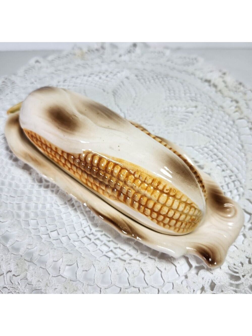 Vintage Butter Dish Corn on the Cob Shaped Covered Tan and Yellow Made In Japan